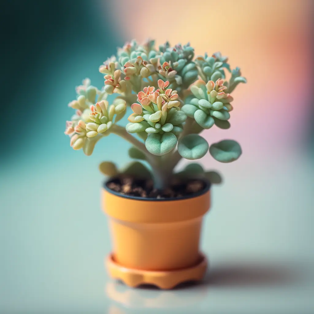 cute mini Kalanchoe plant in a pot, pastel background, depth of field f2.8 3.5, 50mm lens